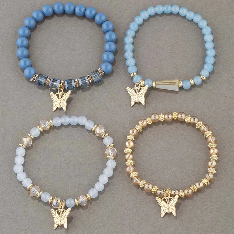 4Pcs Trendy Butterfly Beaded Bracelet Set For Women Pink Acrylic Beads Elastic Chain Bangle Female Bohemian Party Jewelry Gift - BuzzMart