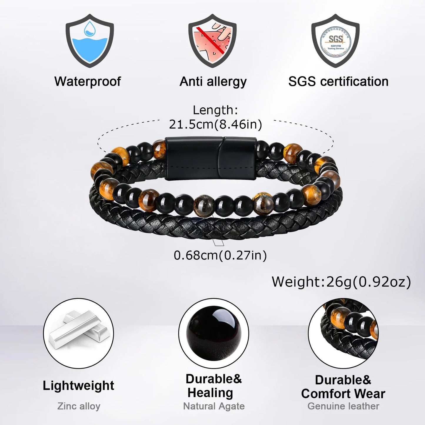 🎁 Bold Tiger Eye Bracelet – Leather Gift for Dad or Him - BuzzMart