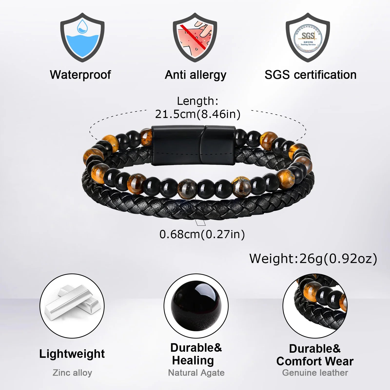 🎁 Bold Tiger Eye Bracelet – Leather Gift for Dad or Him - BuzzMart