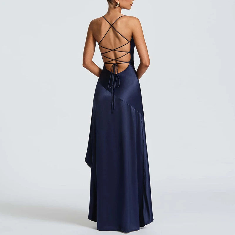 Elegant Ruffle Lace-Up Maxi Dress – Backless Banquet Glam - BuzzMart