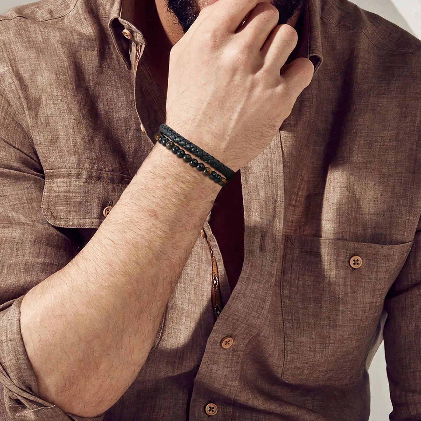🎁 Bold Tiger Eye Bracelet – Leather Gift for Dad or Him - BuzzMart