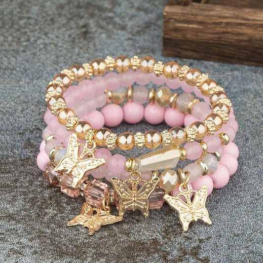 4Pcs Trendy Butterfly Beaded Bracelet Set For Women Pink Acrylic Beads Elastic Chain Bangle Female Bohemian Party Jewelry Gift - BuzzMart