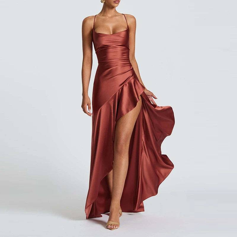 Luxury Satin Prom Gown – Off-Shoulder Elegant Halter Dress - BuzzMart