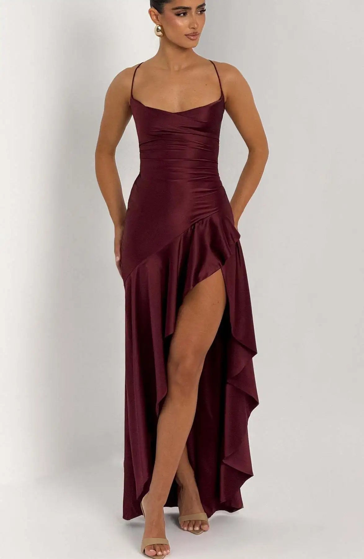 Elegant Satin Ruffle Maxi Dress – Backless Party Glam - BuzzMart