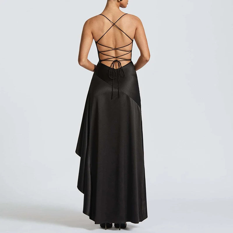 Elegant Ruffle Lace-Up Maxi Dress – Backless Banquet Glam - BuzzMart