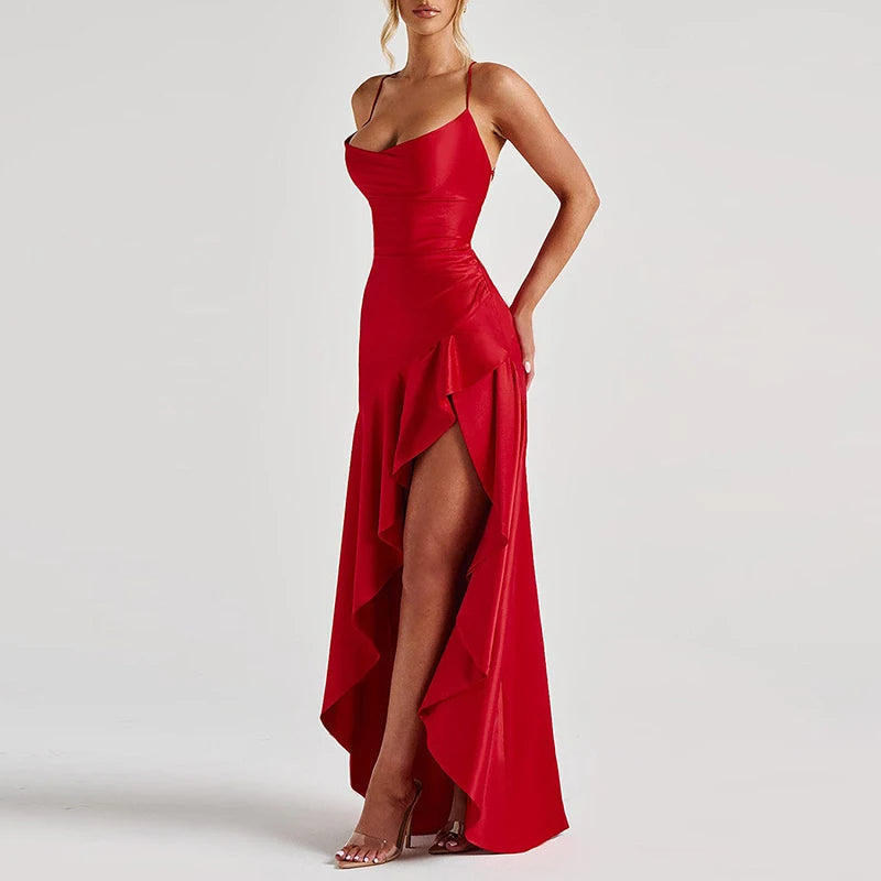 Elegant Ruffle Lace-Up Maxi Dress – Backless Banquet Glam - BuzzMart