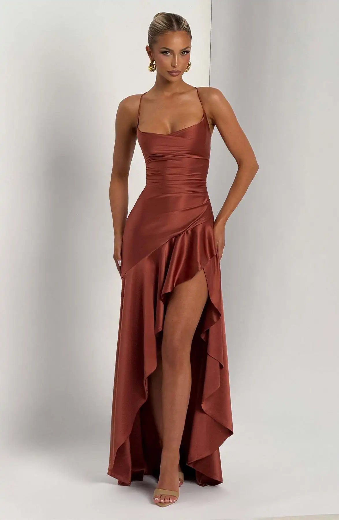 Elegant Satin Ruffle Maxi Dress – Backless Party Glam - BuzzMart