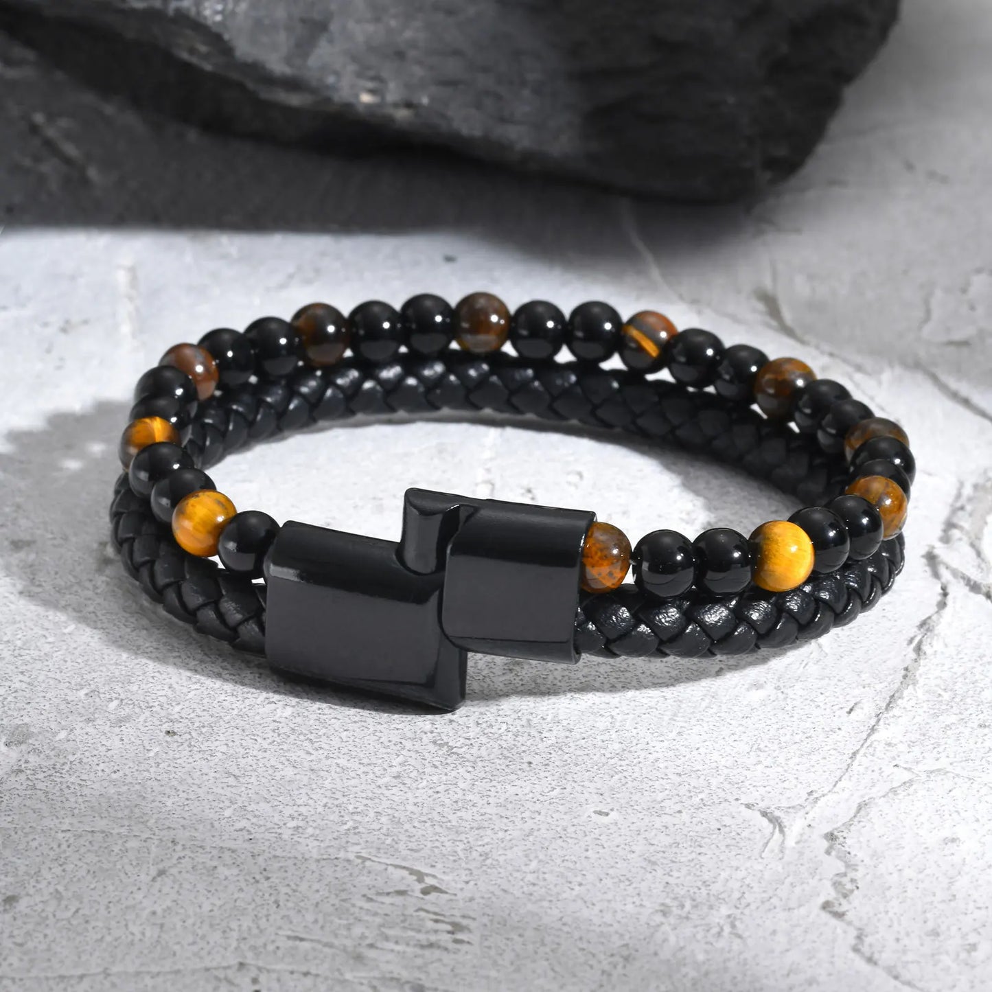 🎁 Bold Tiger Eye Bracelet – Leather Gift for Dad or Him - BuzzMart
