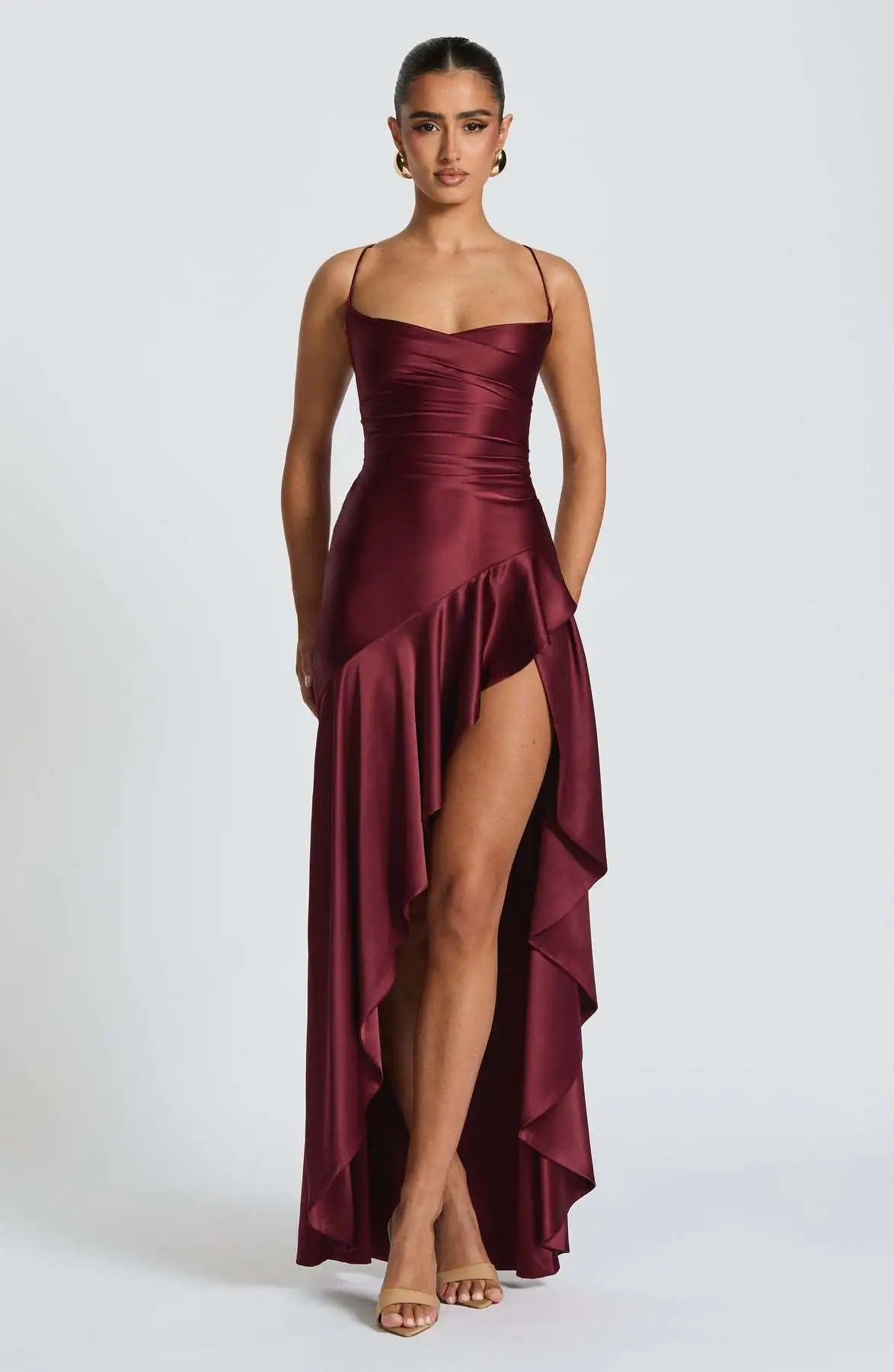 Elegant Satin Ruffle Maxi Dress – Backless Party Glam - BuzzMart