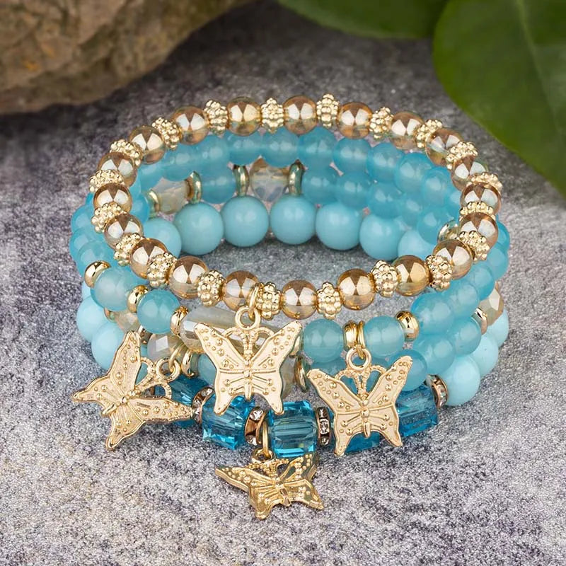 4Pcs Trendy Butterfly Beaded Bracelet Set For Women Pink Acrylic Beads Elastic Chain Bangle Female Bohemian Party Jewelry Gift - BuzzMart