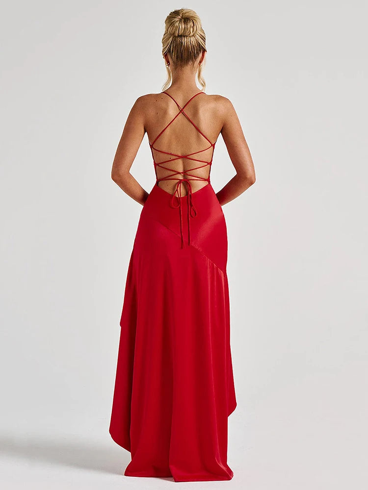 Sexy Satin Split Maxi Dress – Backless Holiday Glam Look - BuzzMart