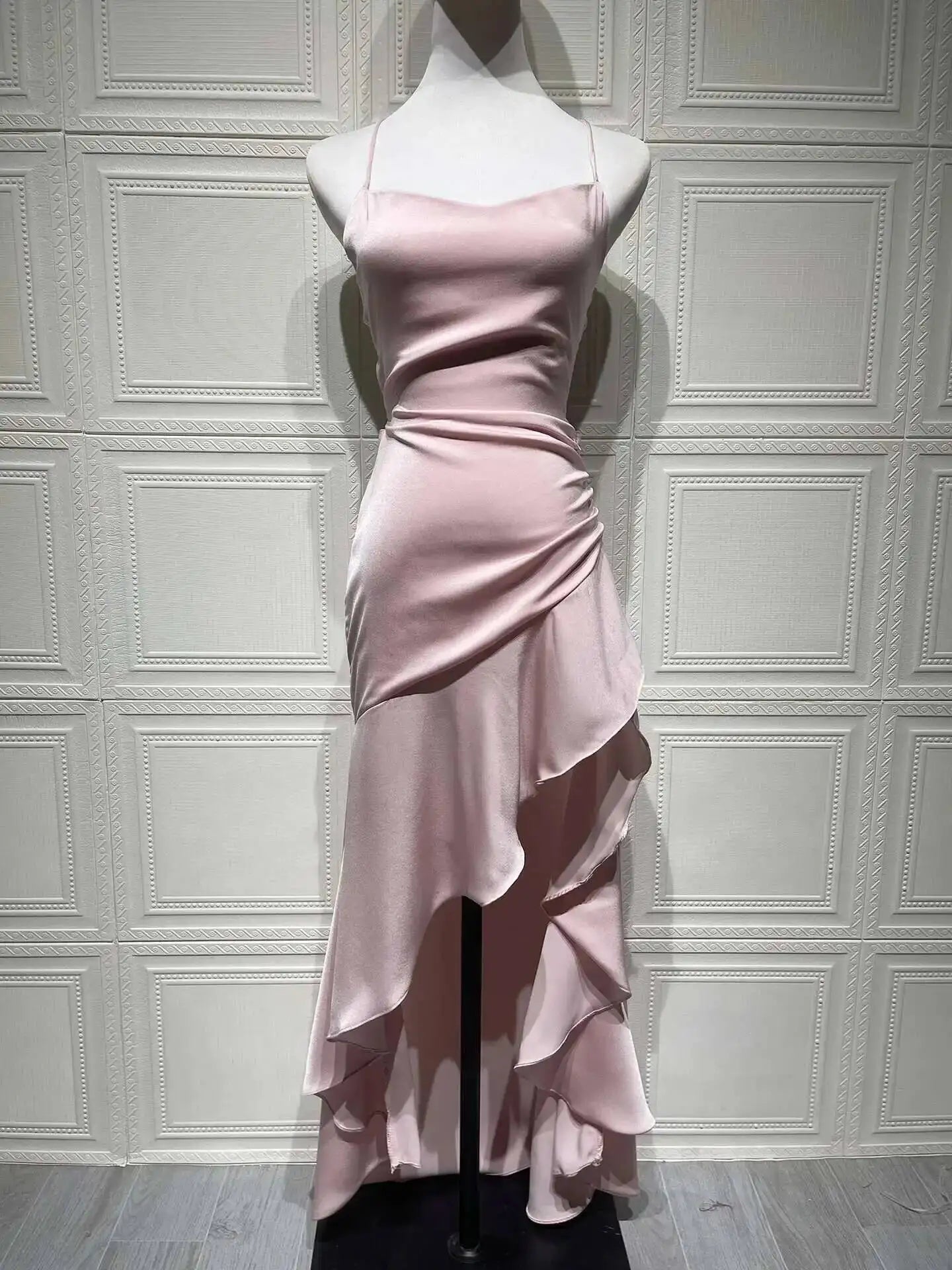 Elegant Satin Ruffle Maxi Dress – Backless Party Glam - BuzzMart