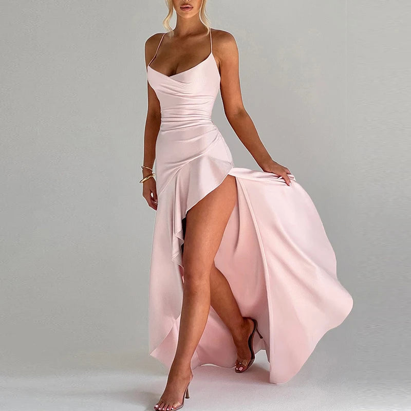 Elegant Ruffle Lace-Up Maxi Dress – Backless Banquet Glam - BuzzMart