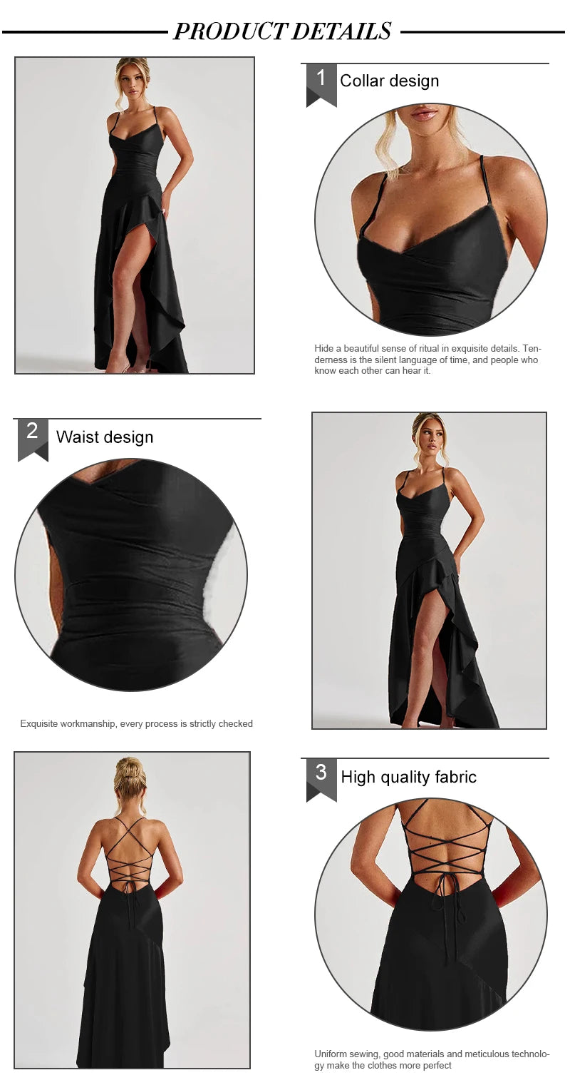 Elegant Black Satin Slit Dress – Ruffled Maxi Glam Look - BuzzMart