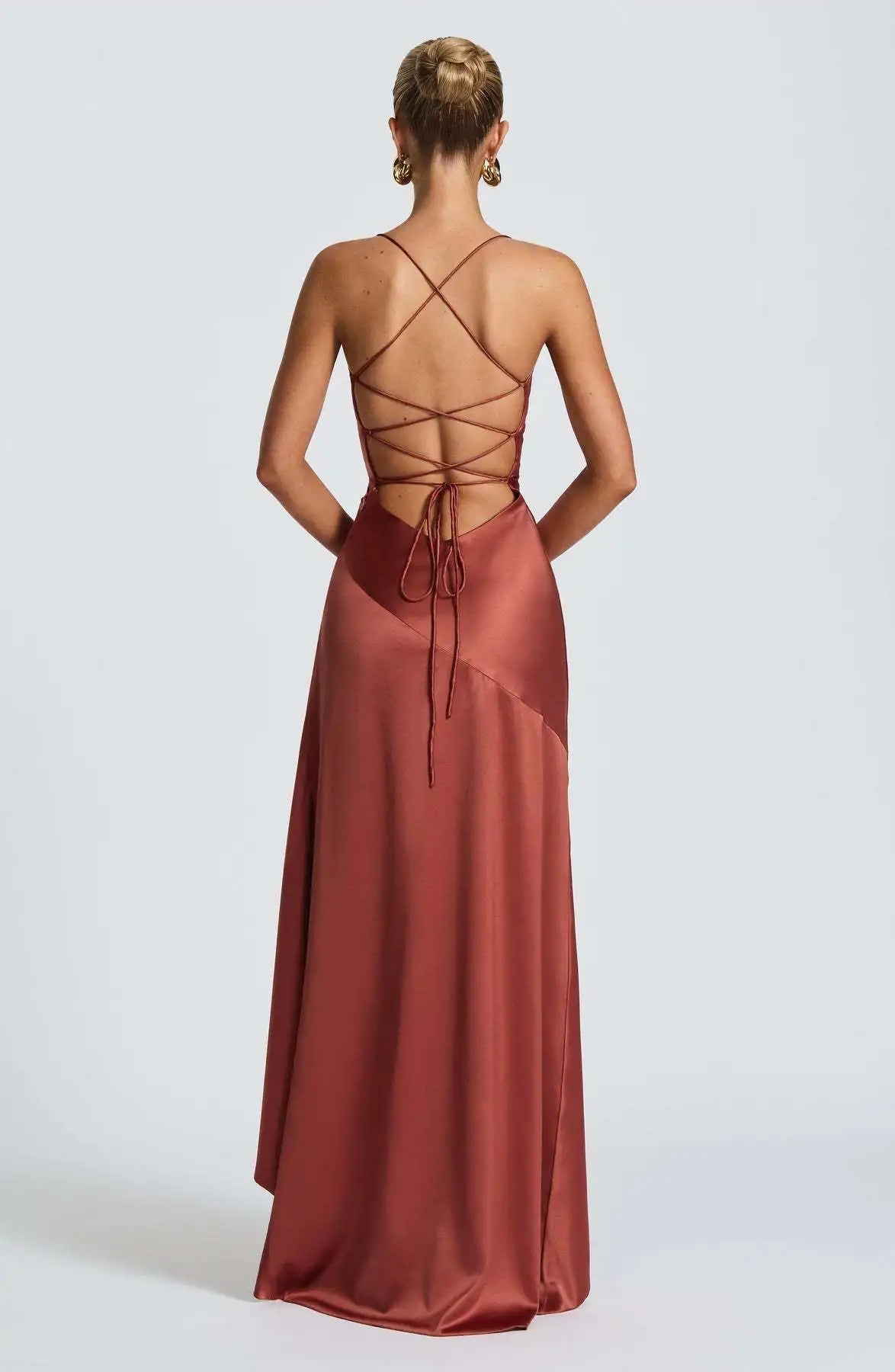 Elegant Satin Ruffle Maxi Dress – Backless Party Glam - BuzzMart