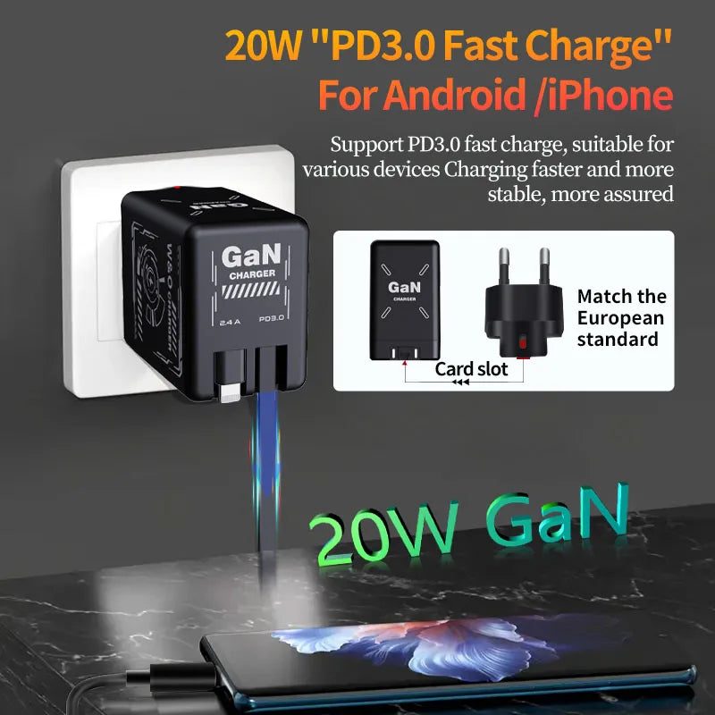 Trendy 20W GaN Fast Charger with Soft Silicone Cables - BuzzMart