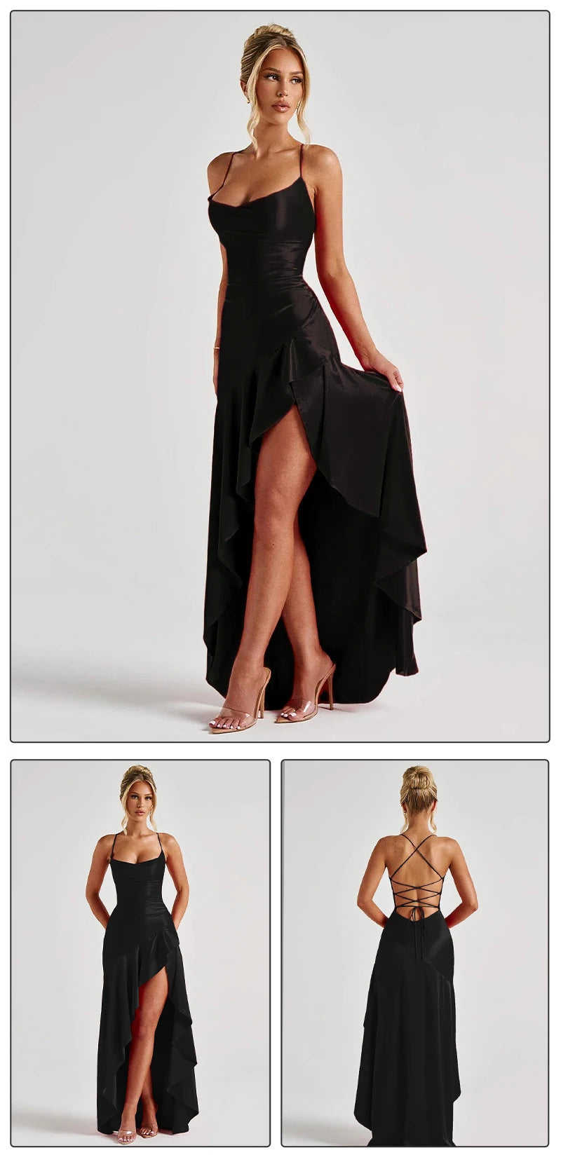 Elegant Black Satin Slit Dress – Ruffled Maxi Glam Look - BuzzMart