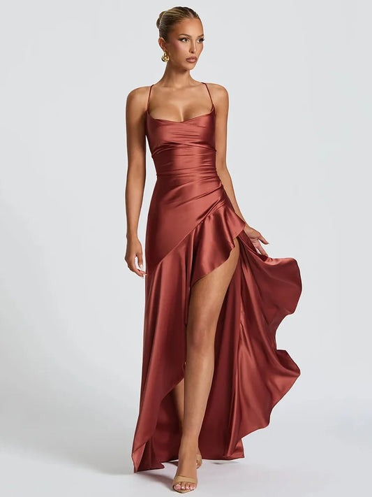 Sexy Satin Split Maxi Dress – Backless Holiday Glam Look - BuzzMart