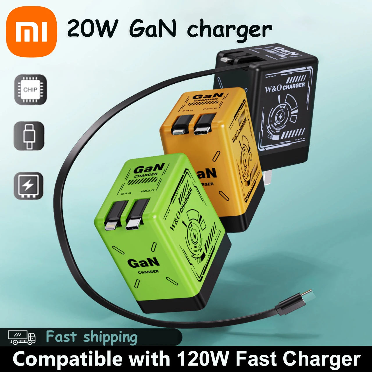 Stylish 120W GaN Fast Charger with Retractable Cables - BuzzMart
