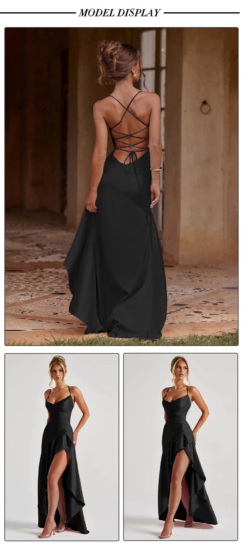 Elegant Black Satin Slit Dress – Ruffled Maxi Glam Look - BuzzMart