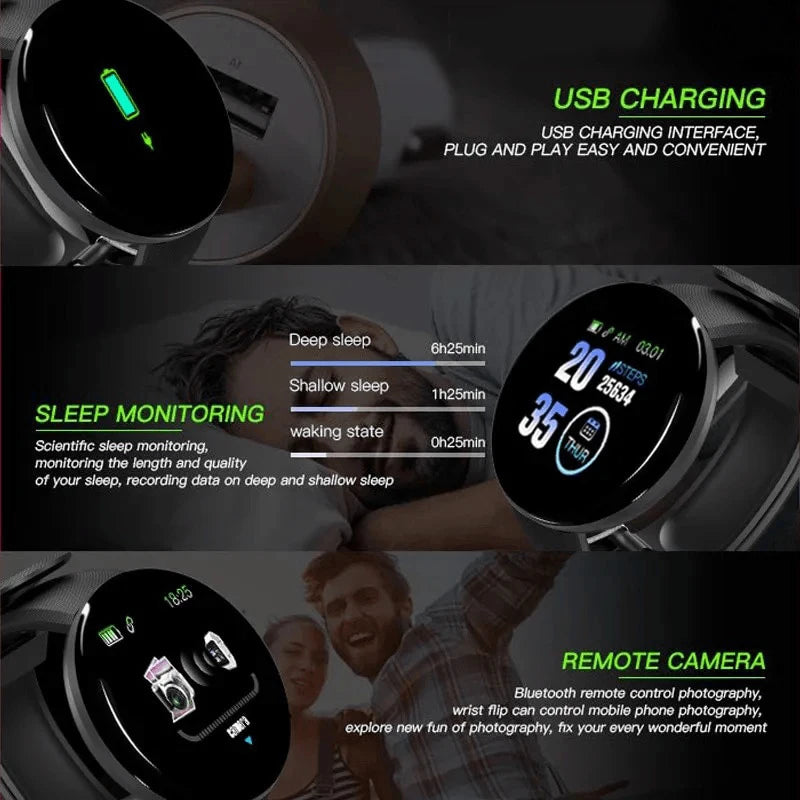 2025 New D18 Multifunctional Smart Watch Men & Women Bluetooth Connected Phone Music Fitness Sports Bracelet Sleep Monitor watch - BuzzMart