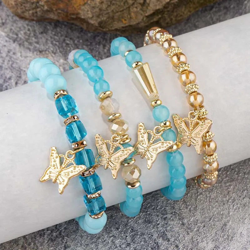 4Pcs Trendy Butterfly Beaded Bracelet Set For Women Pink Acrylic Beads Elastic Chain Bangle Female Bohemian Party Jewelry Gift - BuzzMart