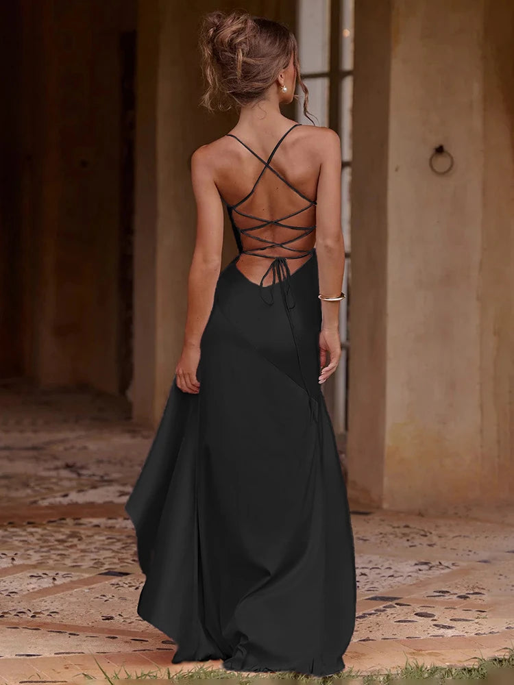 Elegant Black Satin Slit Dress – Ruffled Maxi Glam Look - BuzzMart