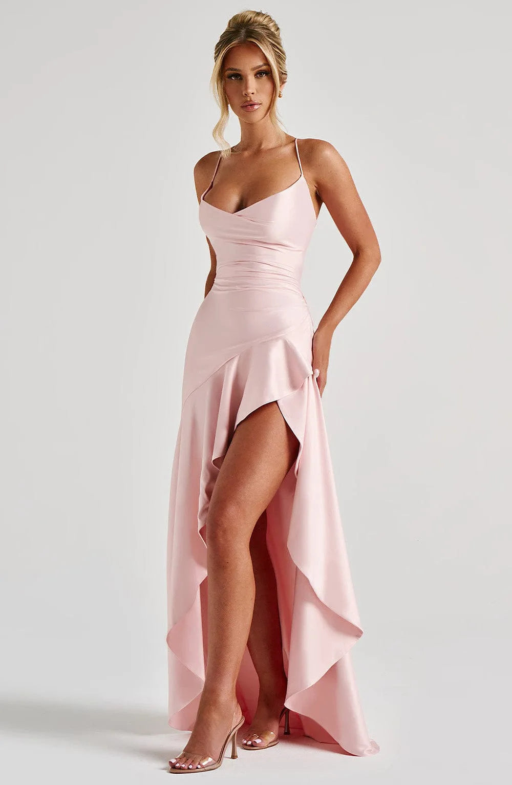 Elegant Satin Ruffle Maxi Dress – Backless Party Glam - BuzzMart