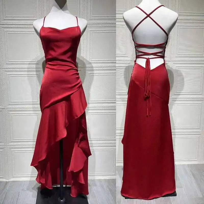 Elegant Satin Ruffle Maxi Dress – Backless Party Glam - BuzzMart