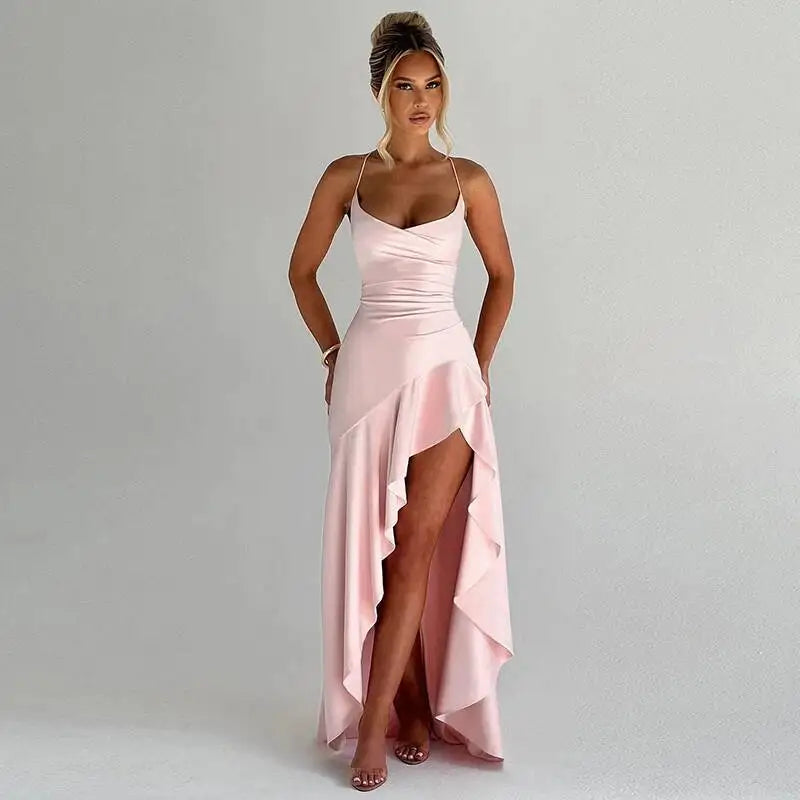 Elegant Satin Ruffle Maxi Dress – Backless Party Glam - BuzzMart