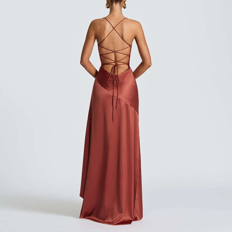 Elegant Ruffle Lace-Up Maxi Dress – Sexy Backless Glam - BuzzMart