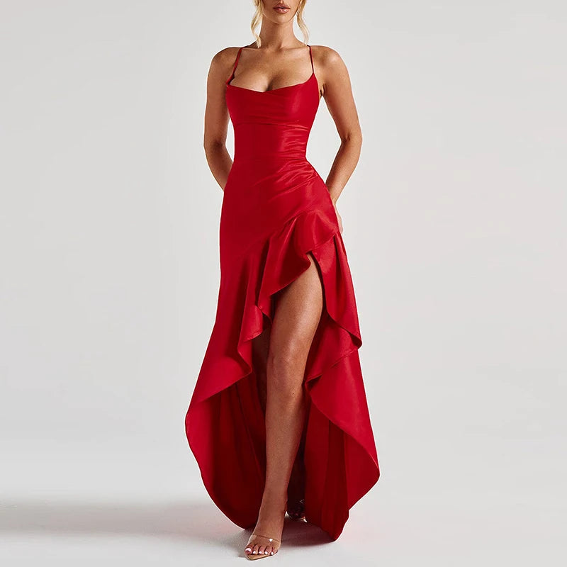 Elegant Ruffle Lace-Up Maxi Dress – Sexy Backless Glam - BuzzMart