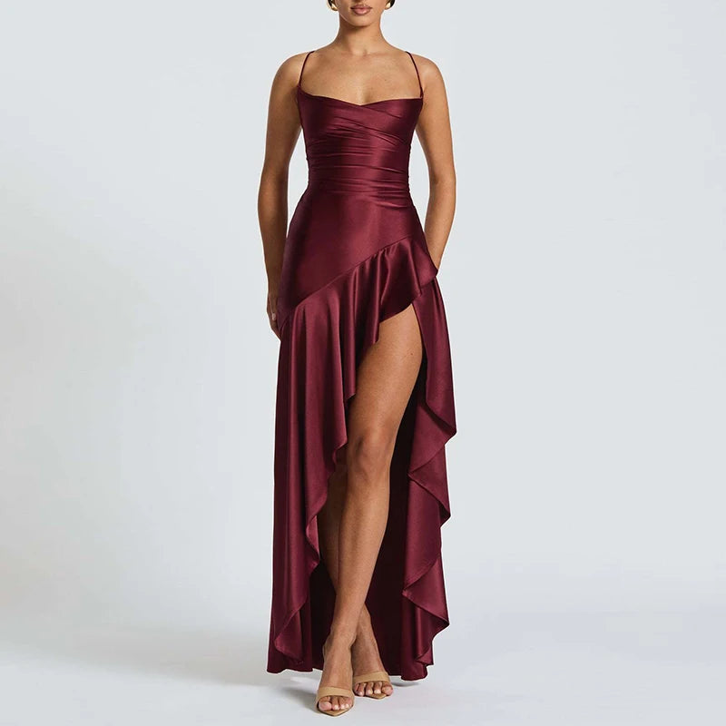 Elegant Ruffle Lace-Up Maxi Dress – Backless Banquet Glam - BuzzMart