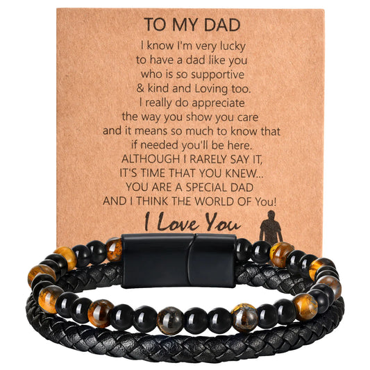 🎁 Bold Tiger Eye Bracelet – Leather Gift for Dad or Him - BuzzMart