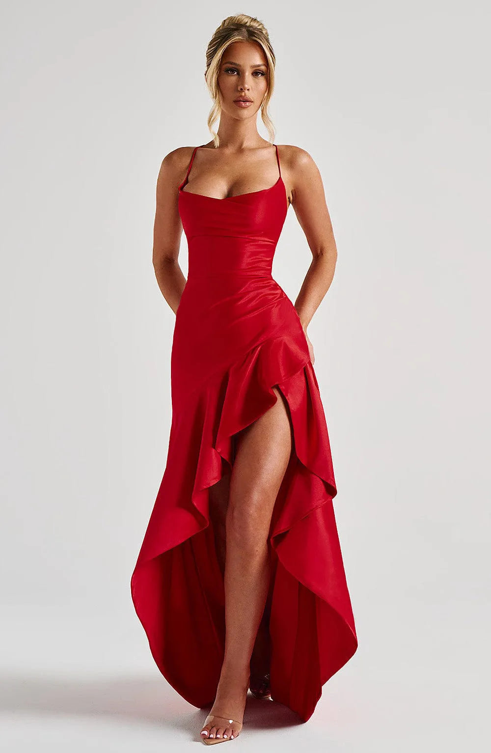 Elegant Satin Ruffle Maxi Dress – Backless Party Glam - BuzzMart