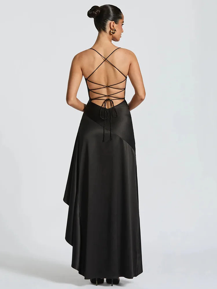 Sexy Satin Split Maxi Dress – Backless Holiday Glam Look - BuzzMart
