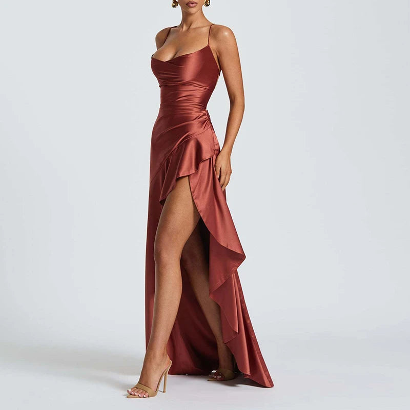 Elegant Ruffle Lace-Up Maxi Dress – Backless Banquet Glam - BuzzMart