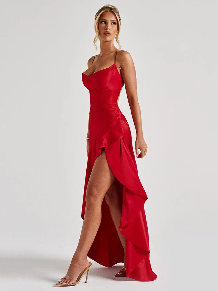 Sexy Satin Split Maxi Dress – Backless Holiday Glam Look - BuzzMart