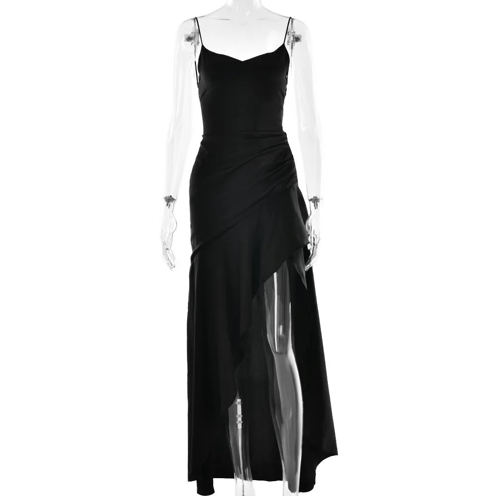 Elegant Satin Ruffle Slit Dress – Trendy Summer Club-wear - BuzzMart