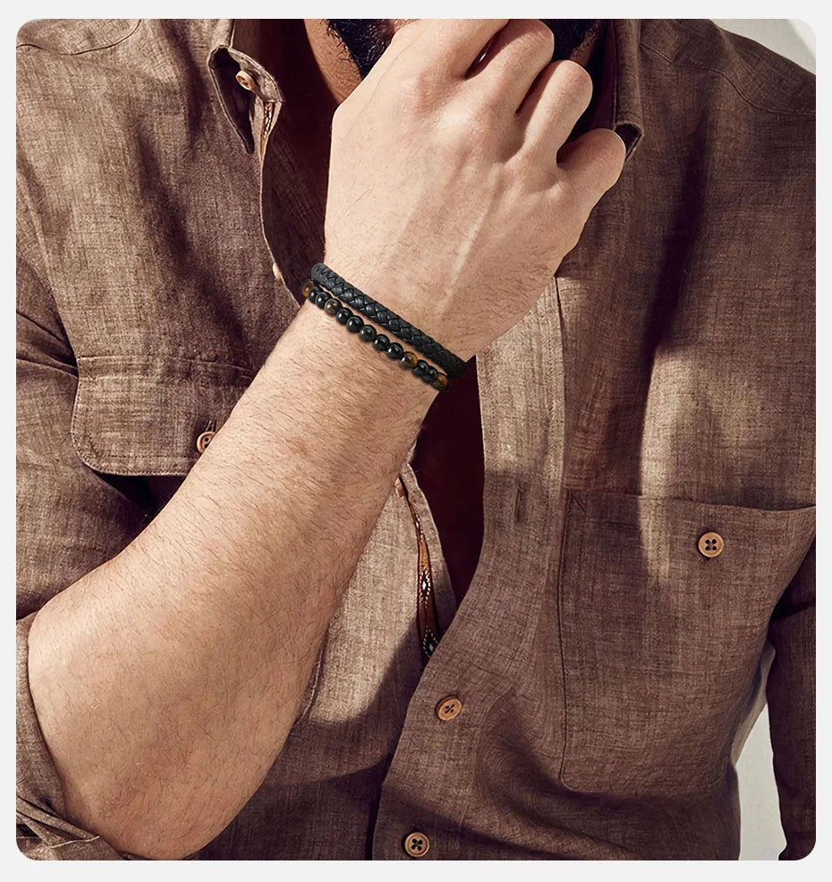 🎁 Bold Tiger Eye Bracelet – Leather Gift for Dad or Him - BuzzMart