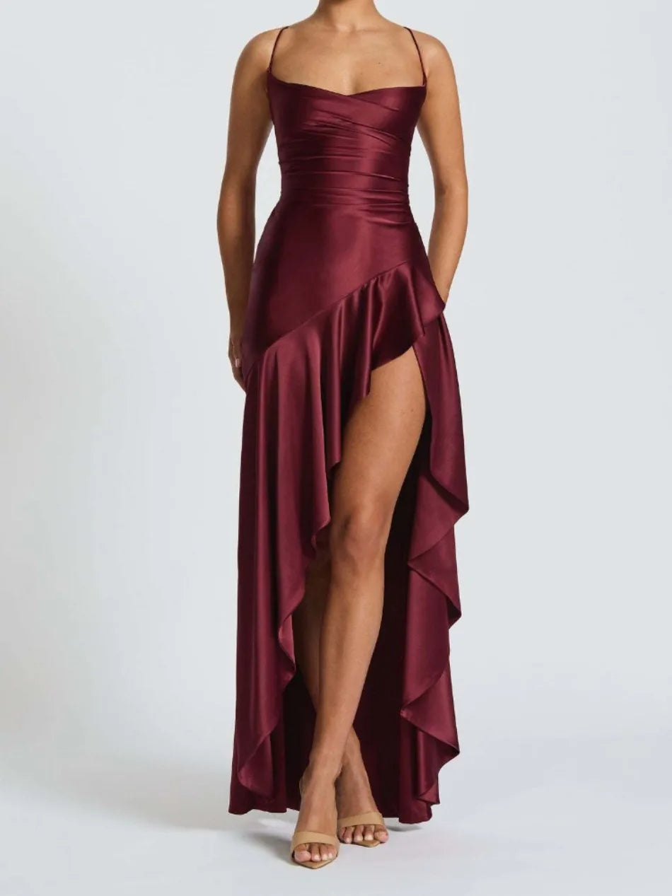 Elegant Satin Split Maxi Dress – Sexy Backless Summer Look - BuzzMart