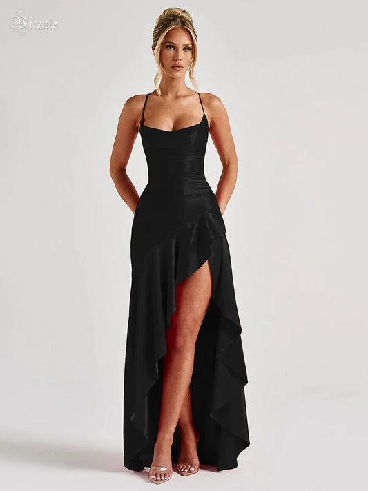 Elegant Black Satin Slit Dress – Ruffled Maxi Glam Look - BuzzMart