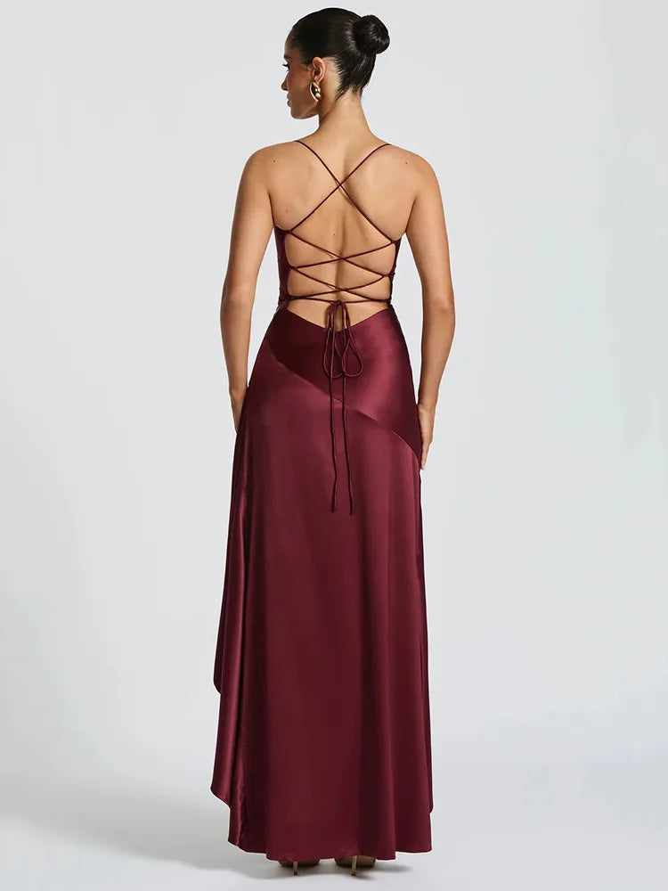 Sexy Satin Split Maxi Dress – Backless Holiday Glam Look - BuzzMart