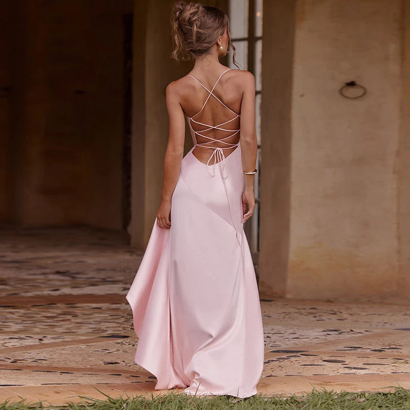 Elegant Ruffle Lace-Up Maxi Dress – Sexy Backless Glam - BuzzMart