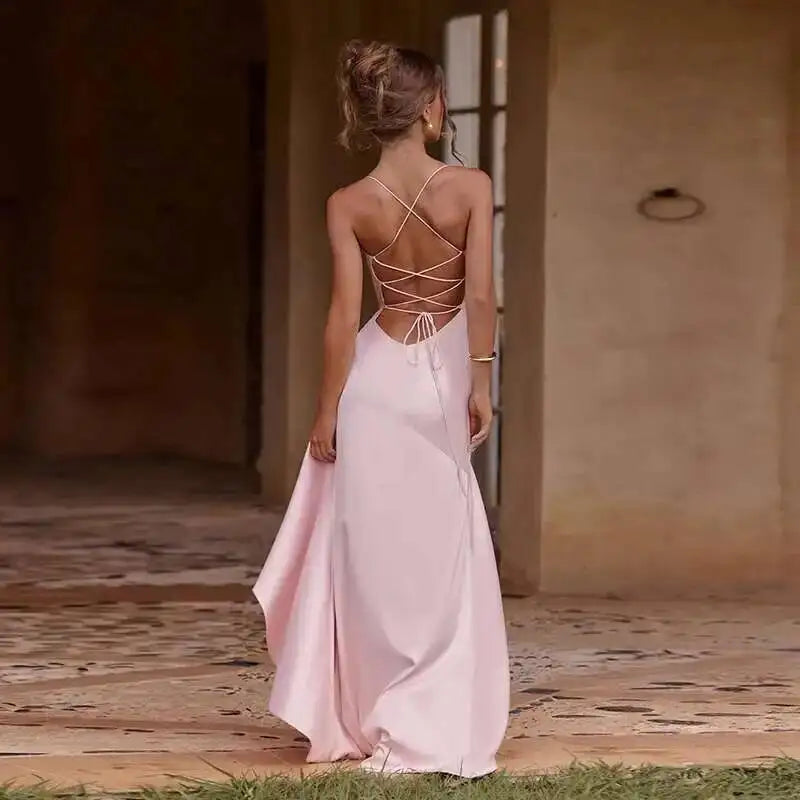 Elegant Satin Ruffle Maxi Dress – Backless Party Glam - BuzzMart