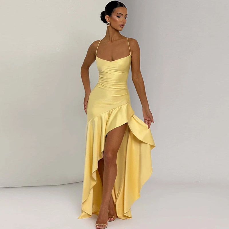 Elegant Satin Ruffle Maxi Dress – Backless Party Glam - BuzzMart