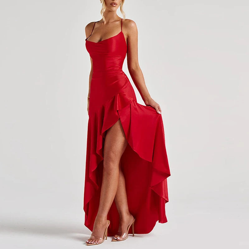 Elegant Ruffle Lace-Up Maxi Dress – Sexy Backless Glam - BuzzMart