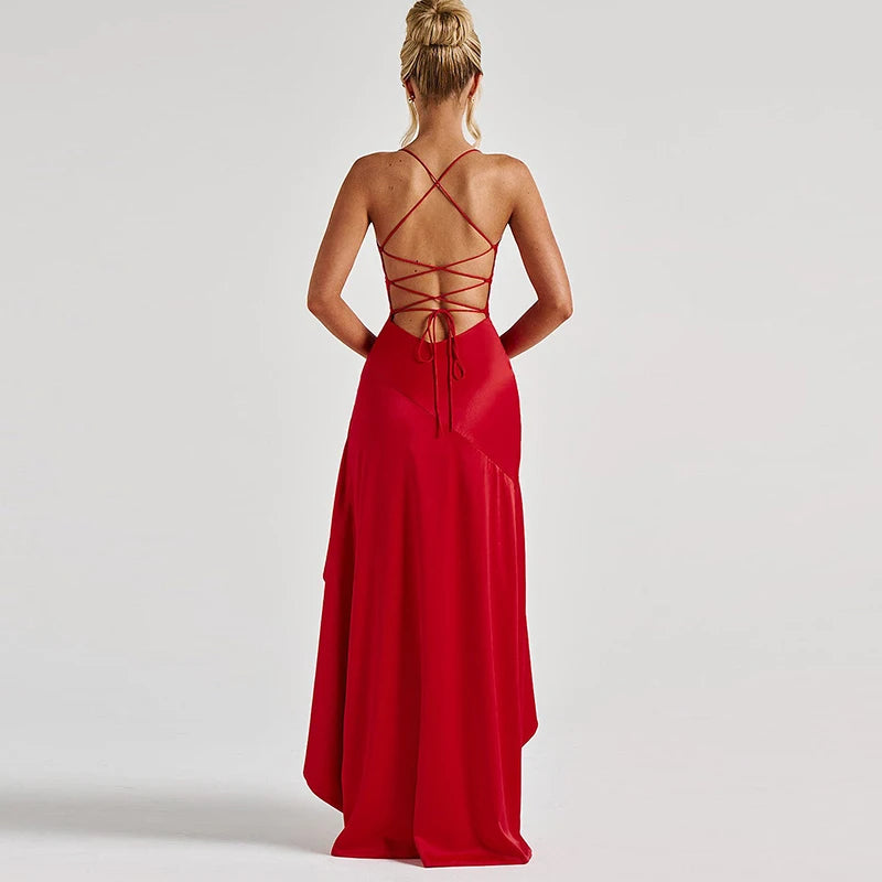 Elegant Ruffle Lace-Up Maxi Dress – Sexy Backless Glam - BuzzMart