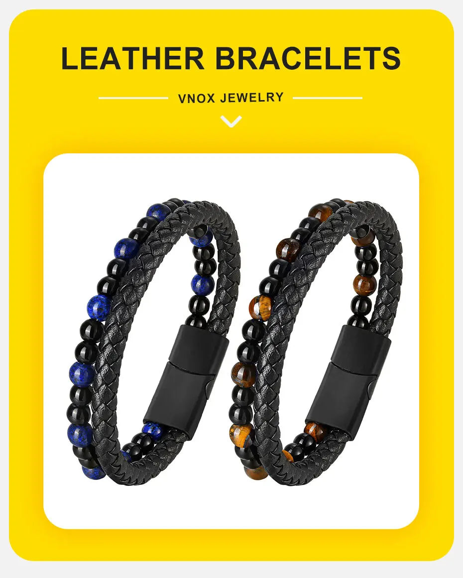 🎁 Bold Tiger Eye Bracelet – Leather Gift for Dad or Him - BuzzMart