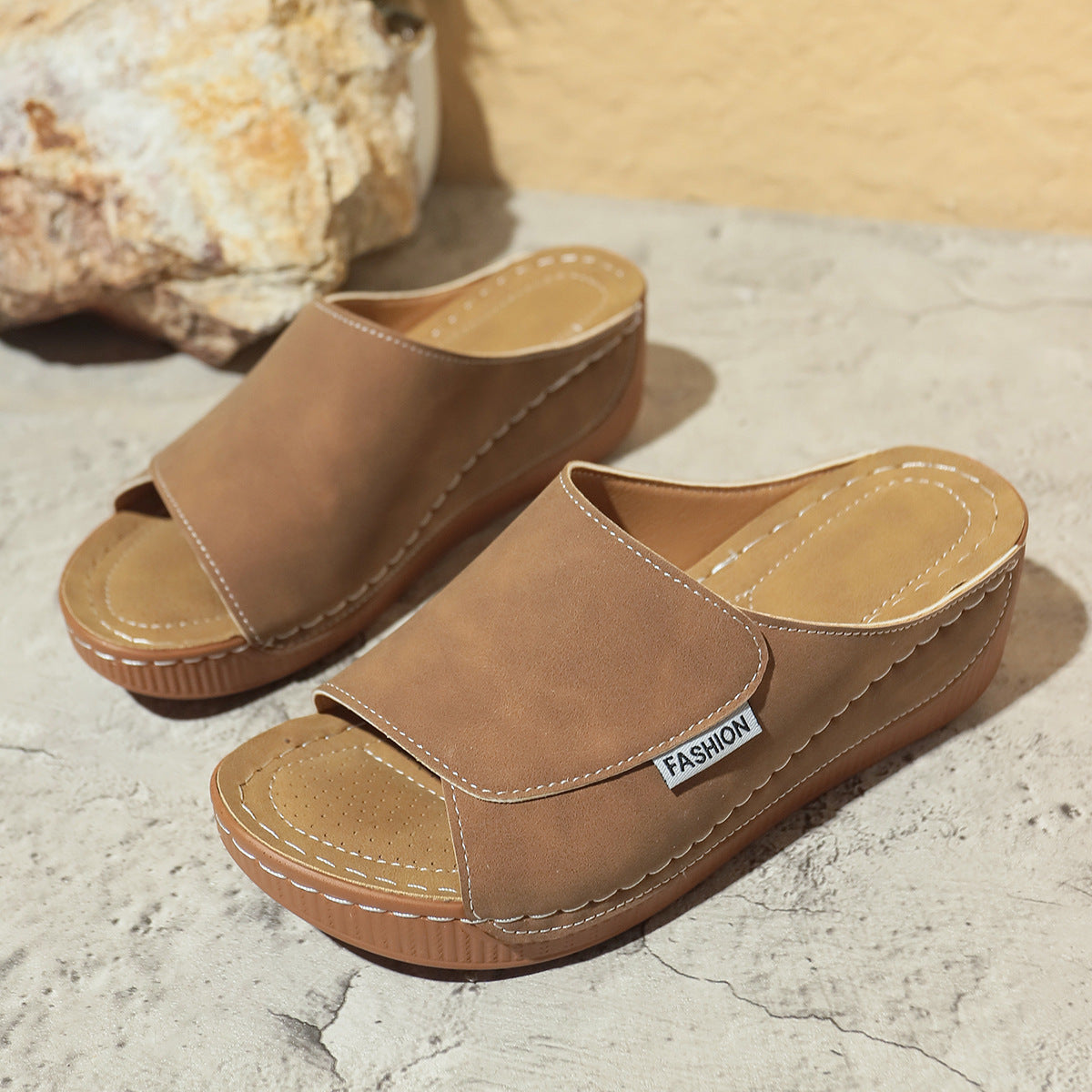 Summer Wedge Slides Slippers Fashion Fish Mouth Thick Bottom Roman Shoes Solid Color Beach Sandals For Women - BuzzMart